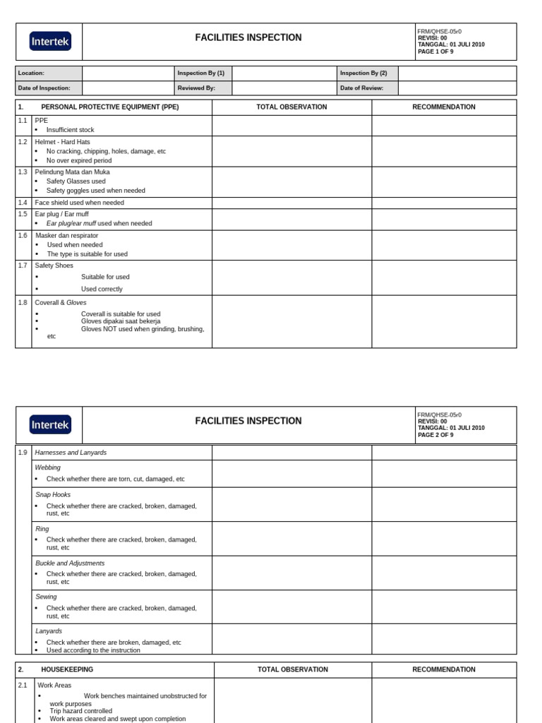 Comprehensive Facilities Inspection Report | PDF | Equipment