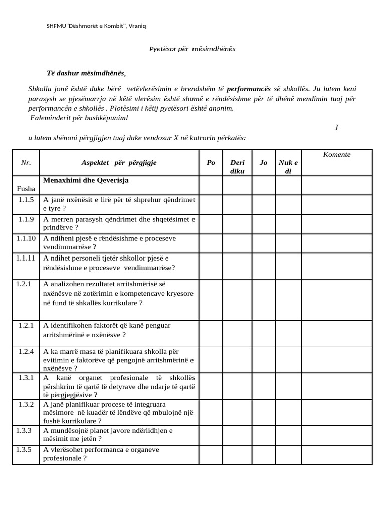 Pyetësor Për Mësimdhënës | PDF