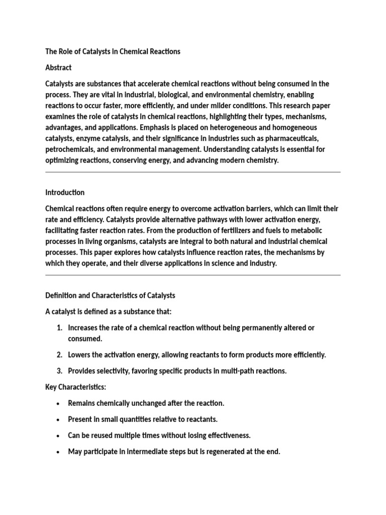 The Role of Catalysts in Chemical Reactions | PDF | Catalysis ...
