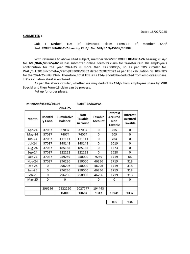 TDS Deduction for PF Transfer Claim | PDF | Public Finance | Payments