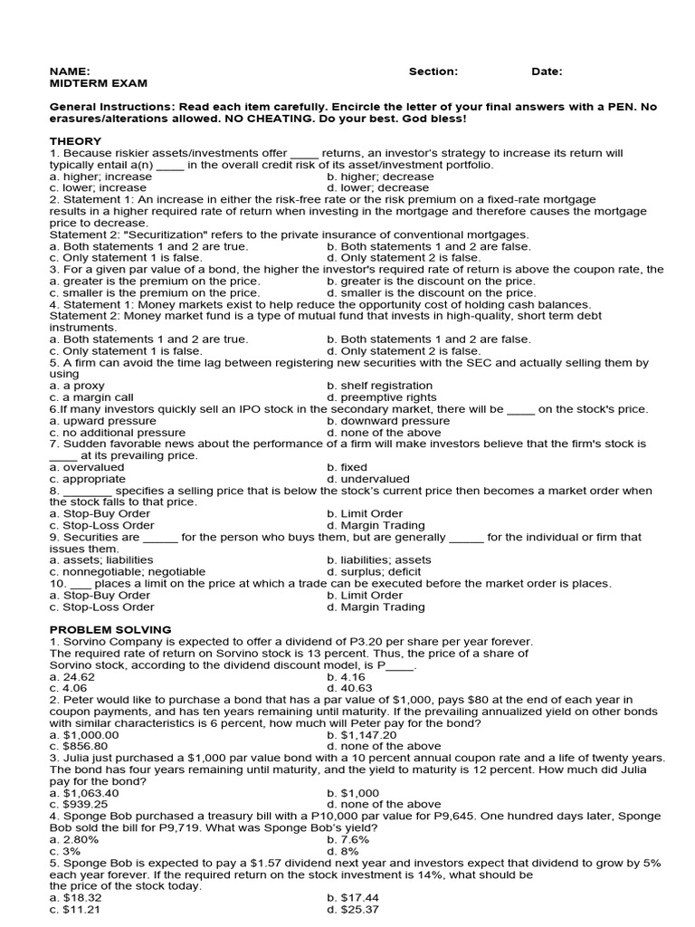 Midtern Exam | PDF | Bonds (Finance) | Yield (Finance)