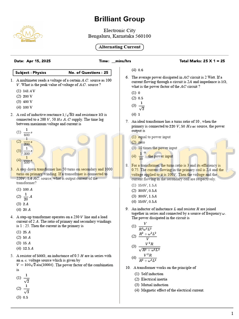 Physics Exam: Alternating Current Concepts | PDF | Inductor ...