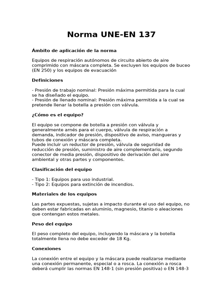 Norma UNE-EN 137: Equipos de Respiración | PDF | Presión | Buceo bajo ...