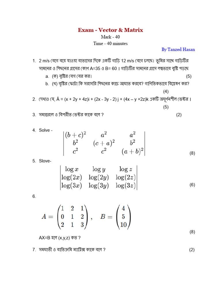 Exam - Vector & Matrix | PDF