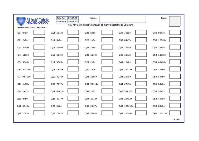 Maths Weekly Times Table Challenge-1 | PDF
