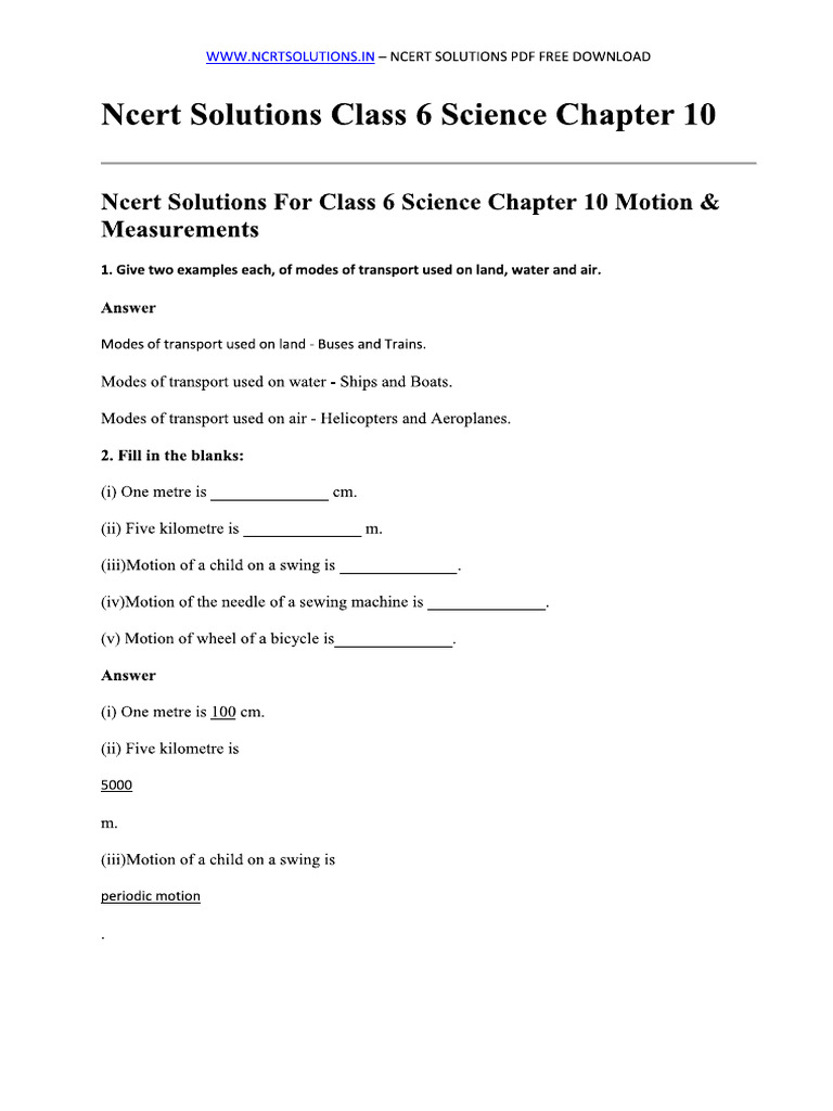 Ncert Solutions Class 6 Science Chapter 10 | PDF
