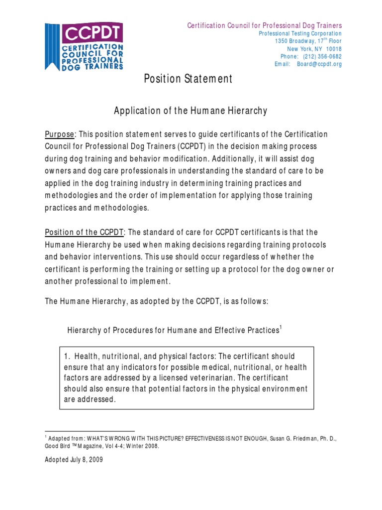 Position Statement Regarding the Use of Humane Hierarchy ...