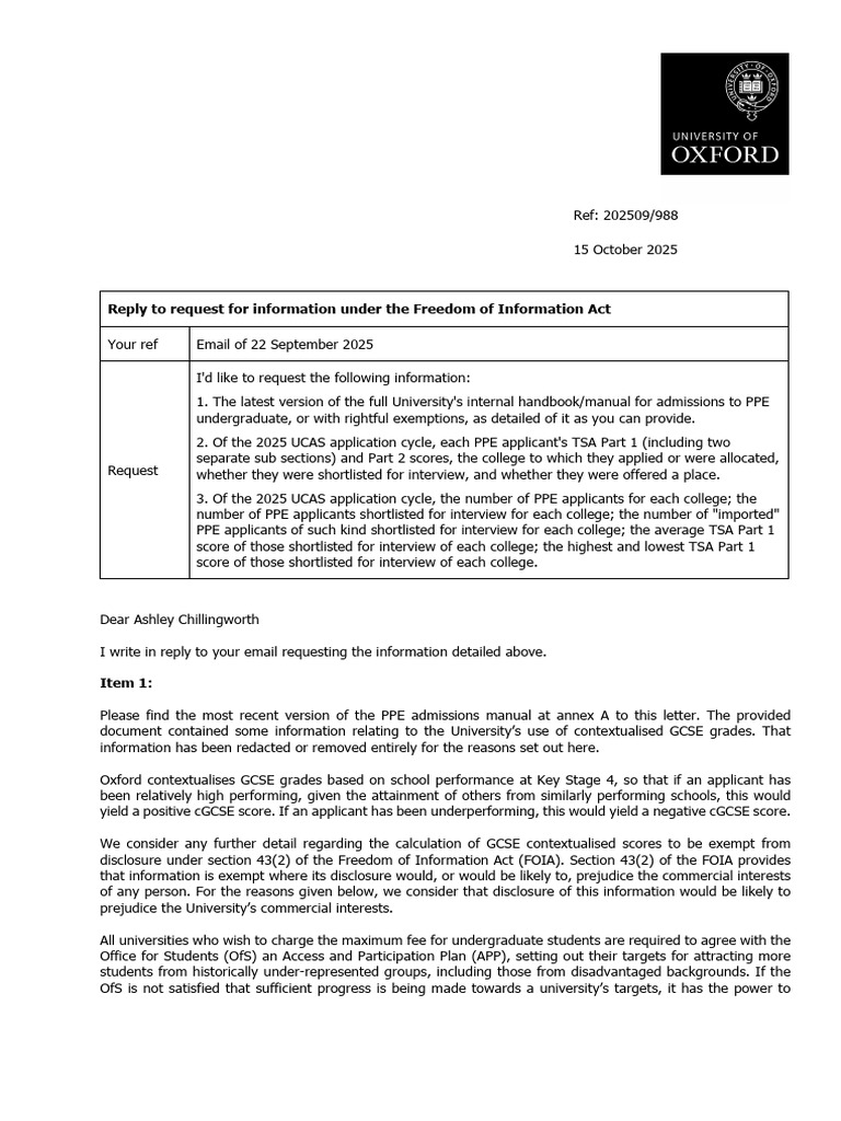 Oxford PPE Admissions FOI Response | PDF | Freedom Of Information Act ...