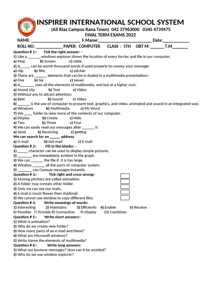 Final Term Exam Paper for 5th Grade Computer | PDF | Computer File ...