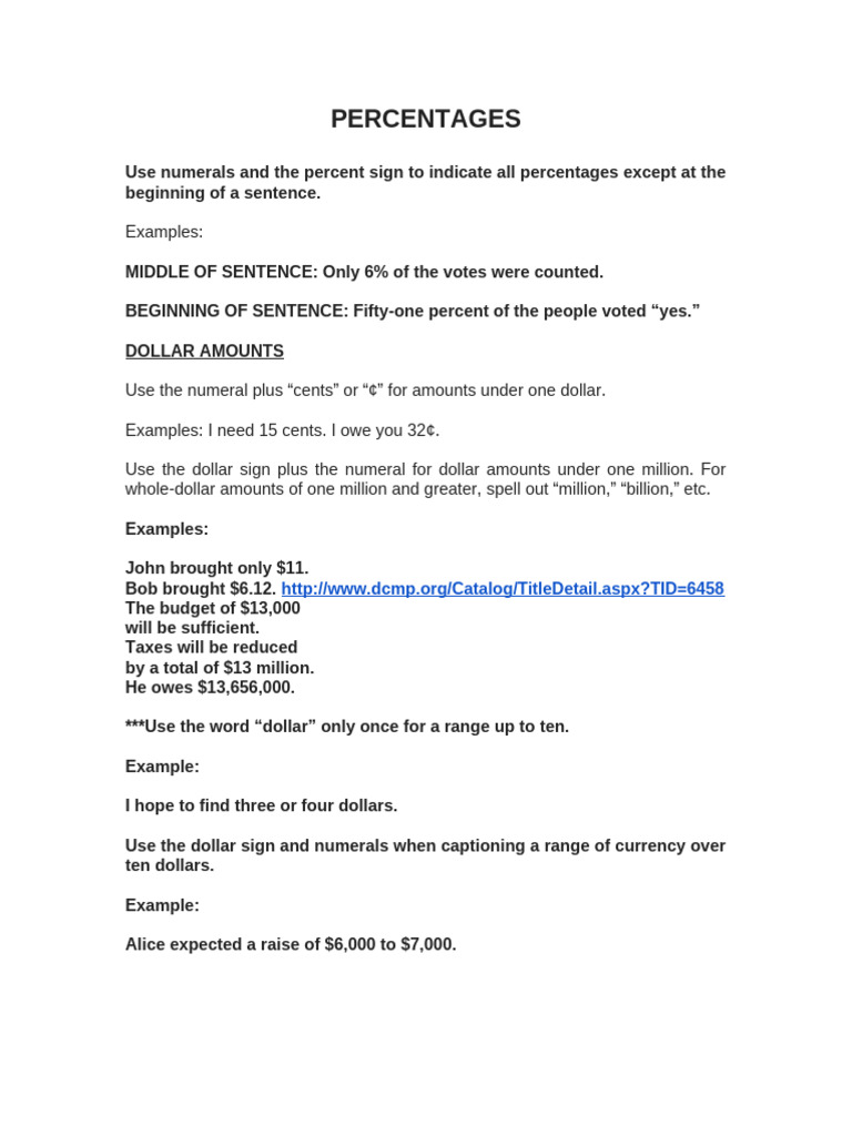 Guidelines for Writing Percentages and Dollars | PDF