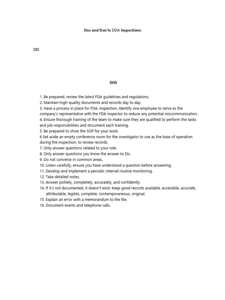 DDA Inspection Do's and Don'ts Guide | PDF