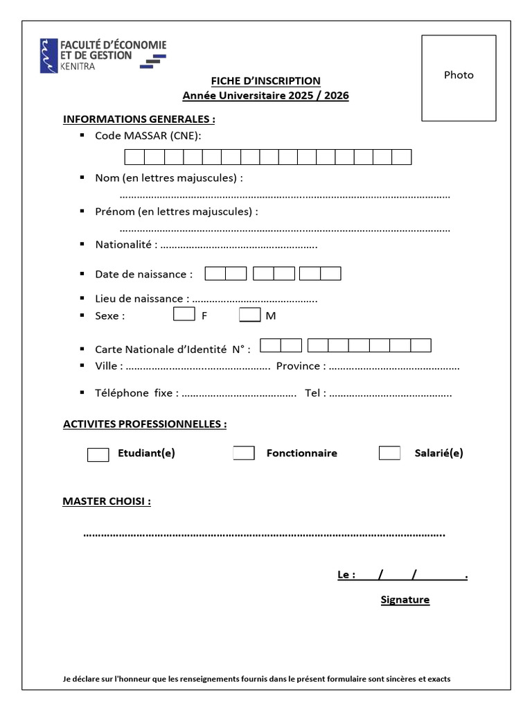 Fiche d'inscription universitaire 2025-2026 | PDF