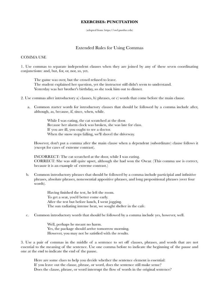 Comma Usage Rules and Exercises | PDF | Adjective | Comma