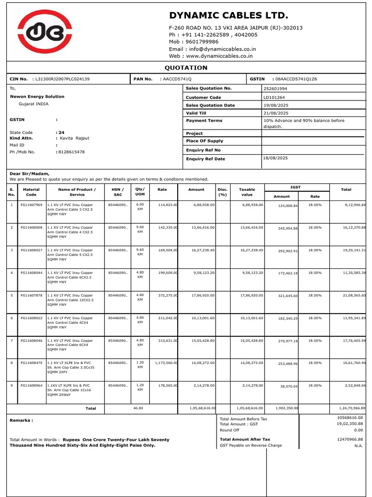 Dynamic Cables Quotation for Newon Energy | PDF | Payments | Taxes