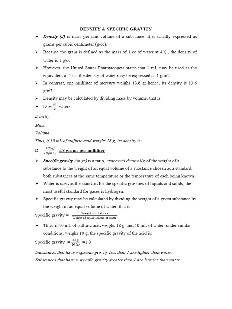Density and Specific Gravity Explained | PDF | Density | Mass ...