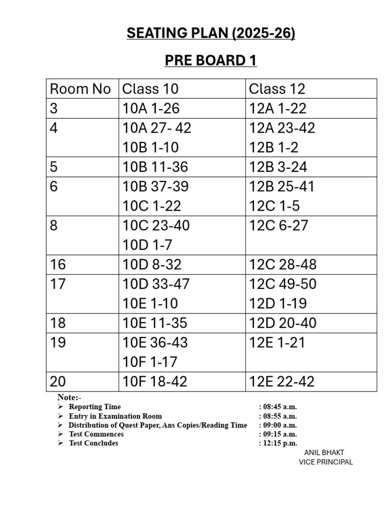 Seating Plan & Time Schedule for Pre Board (2025-26) | PDF