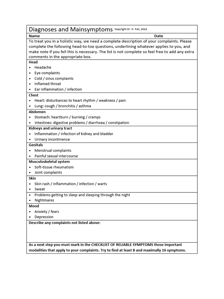 Holistic Health Symptoms Checklist | PDF