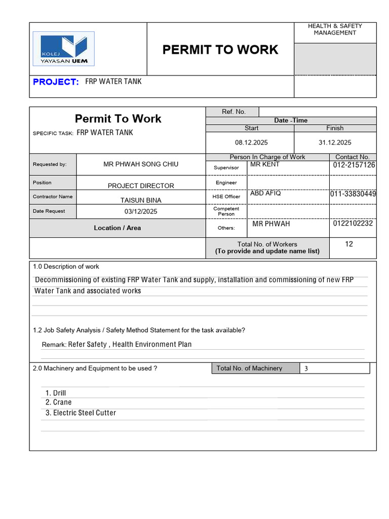 HSE-F006-0 Permit To Work | PDF | Safety | Occupational Safety And Health