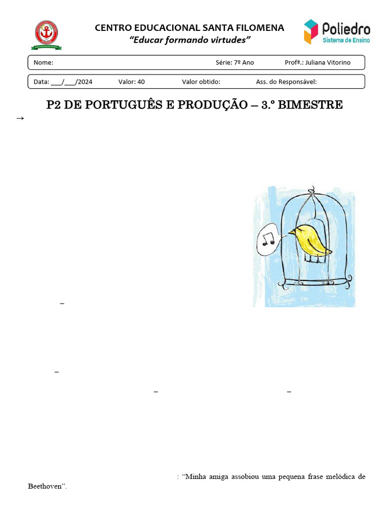 P2 - LP 7º - 3º B | PDF | Palavra | Assunto (gramática)