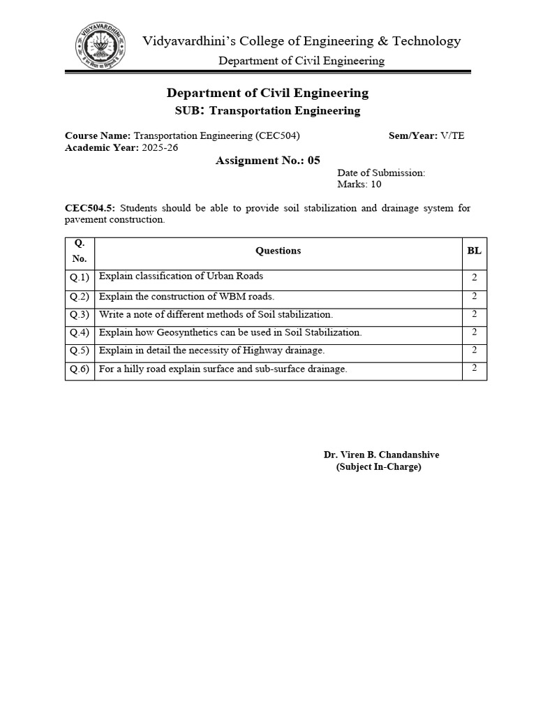 Transportation Engineering Assignment 2025-26 | PDF