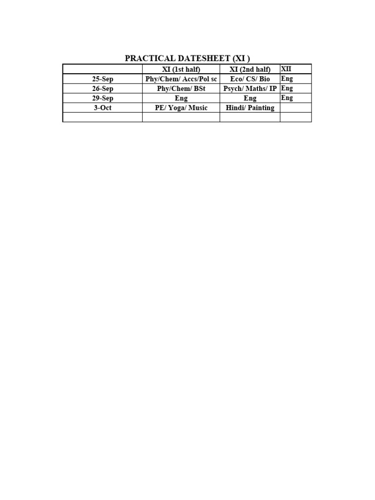 Practical Date Sheet - Mid Term | PDF