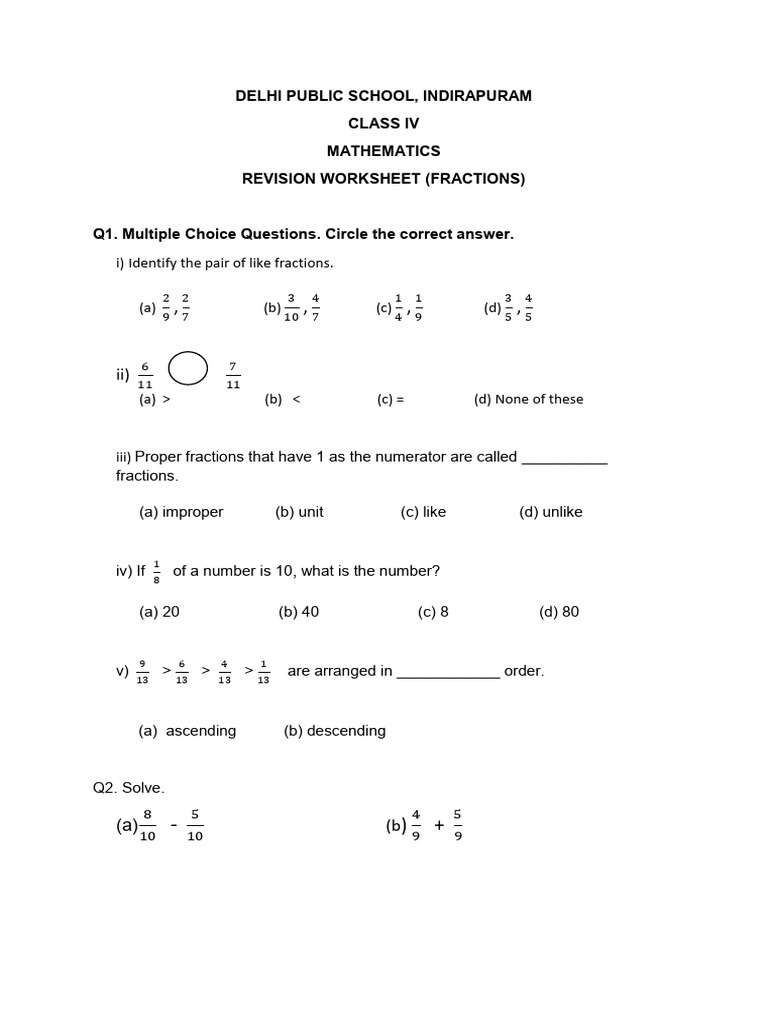 Class IV Math Worksheet on Fractions | PDF