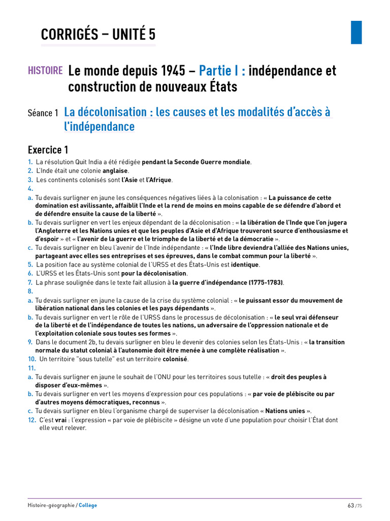 Corrigés Histoire-Géo : Décolonisation et Inde | PDF | Partition des ...