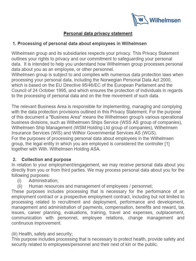 Wilhelmsen Employee Data Privacy Policy | PDF | Information Privacy ...
