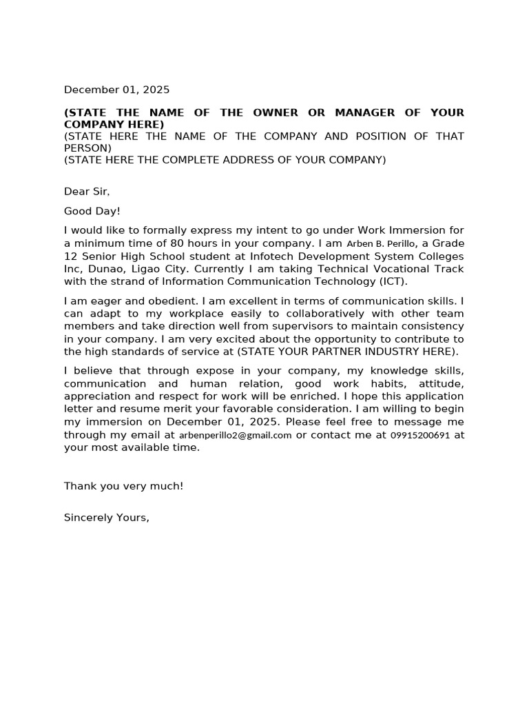 Work Immersion Application Letter | PDF