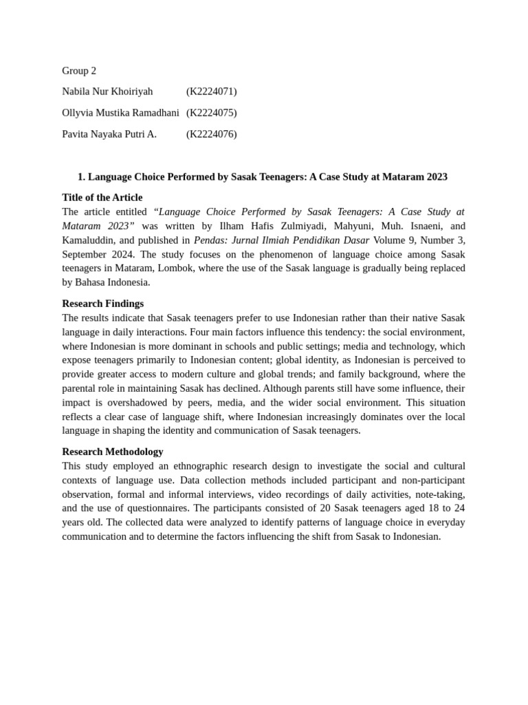 Language Choice Among Sasak Teenagers | PDF | Multilingualism ...