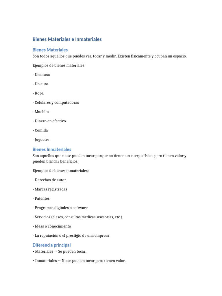 Bienes Materiales vs Inmateriales: Definición y Ejemplos | PDF
