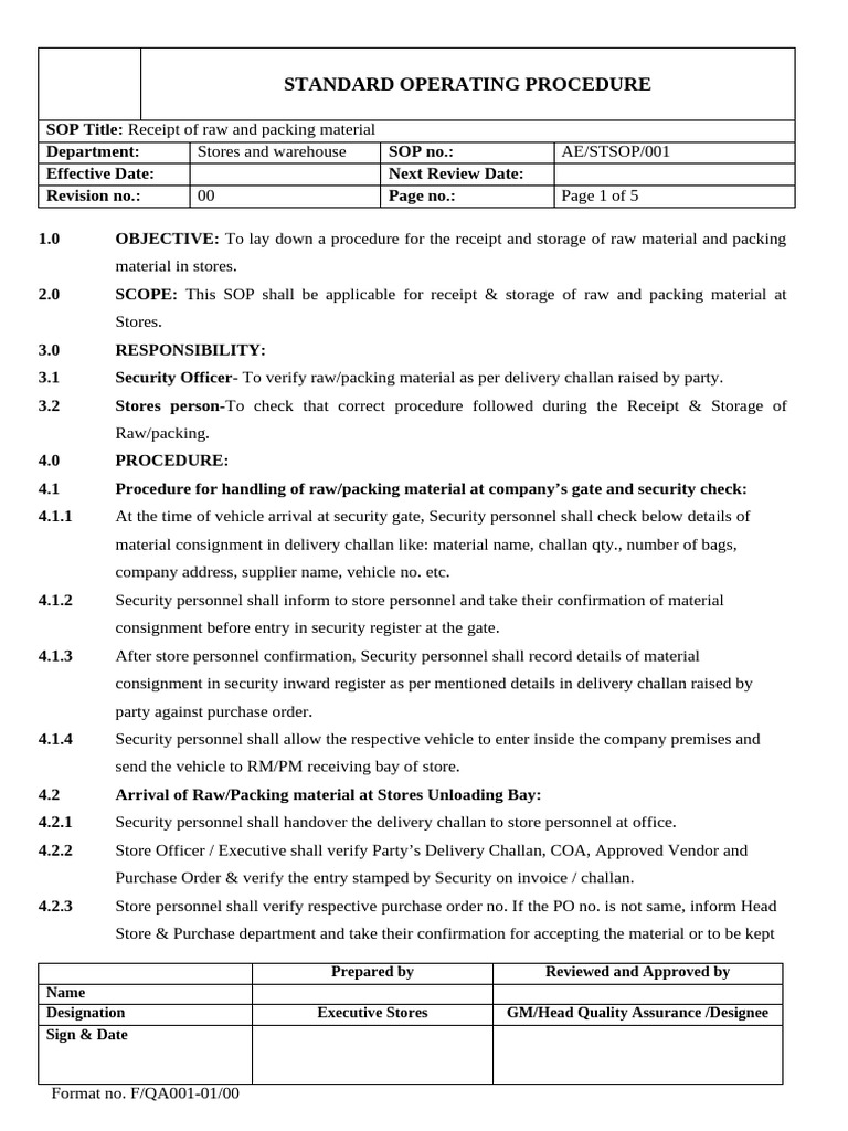 Raw and Packing Material Receipt SOP | PDF | Warehouse | Receipt