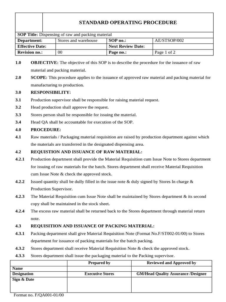 Raw and Packing Material SOP | PDF | Business Process
