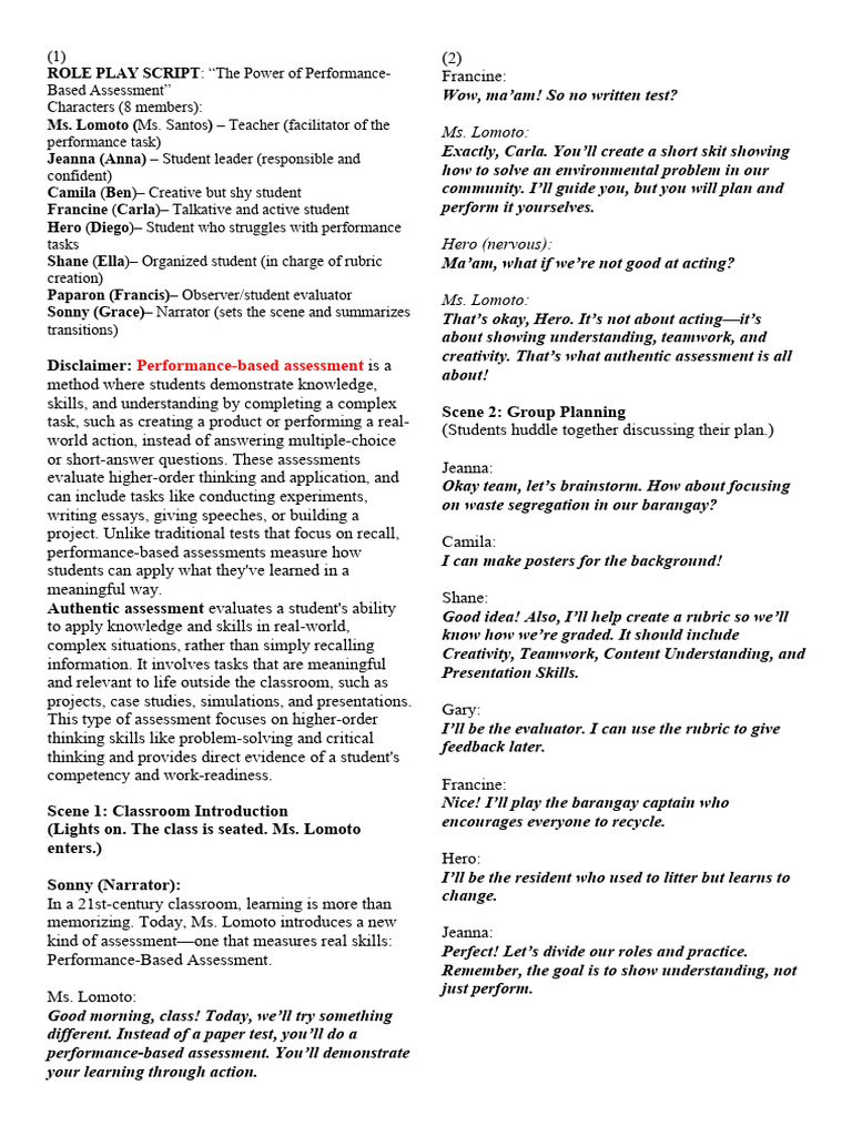 Performance-Based Assessment Script | PDF | Skill | Learning