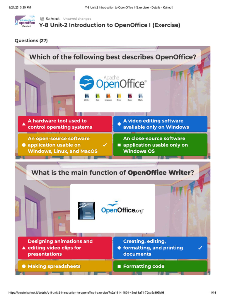 Y 8 Unit 2 Introduction To OpenOffice I Exercise Details Kahoot! | PDF