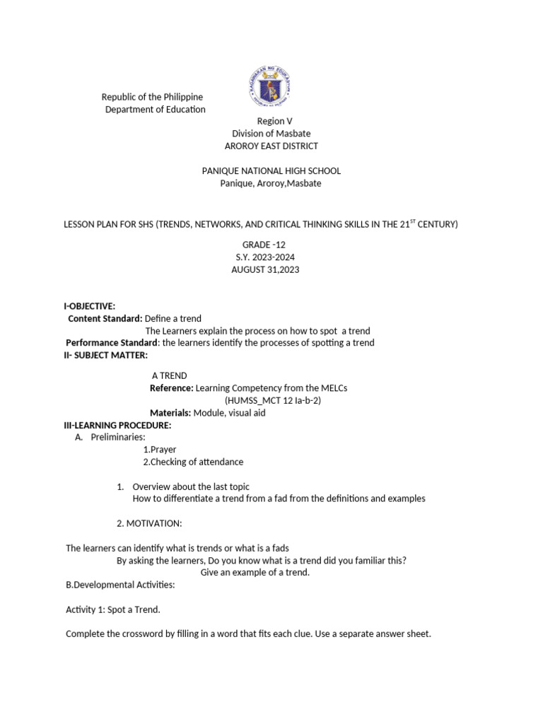 SHS Lesson Plan: Trends in 21st Century | PDF | Learning