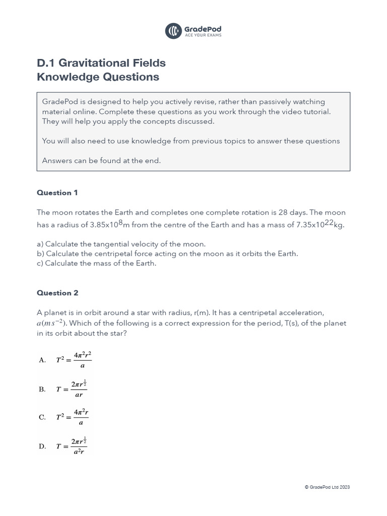 Gravitational Fields: Key Calculations & Concepts | PDF | Orbit | Mass