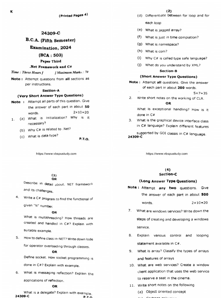 Bca 5 Sem Dot Net Framework and C Has 24309 C 2024 | PDF