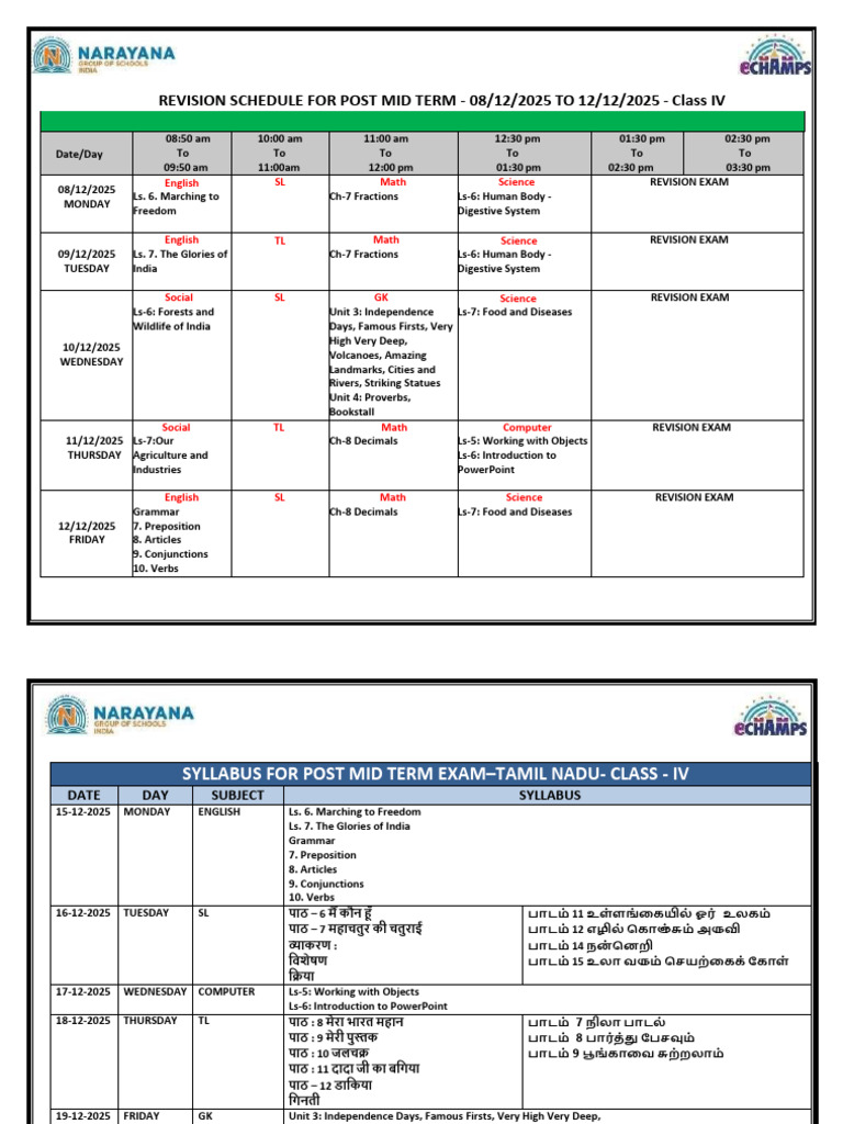 Post Mid Term Revision Schedule - Grade 4 | PDF