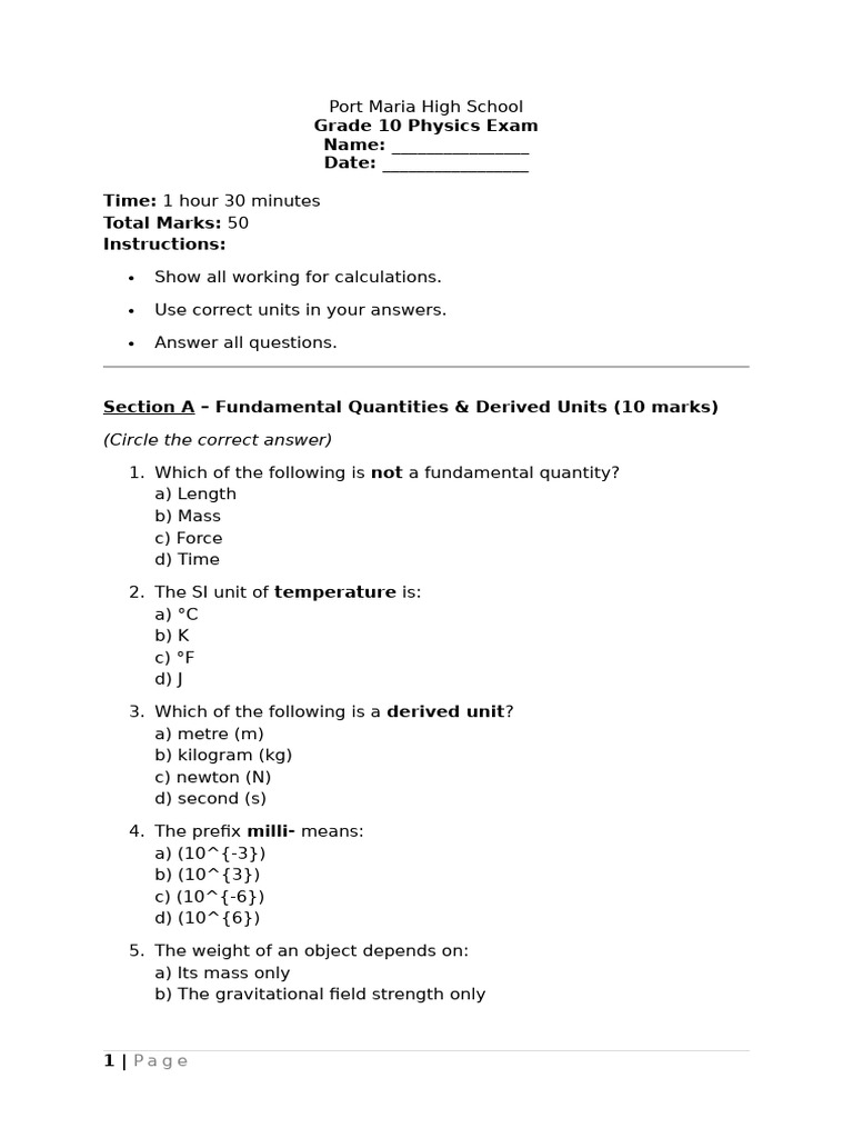 Grade 10 Physics Exam Guide | PDF | Weight | Mass