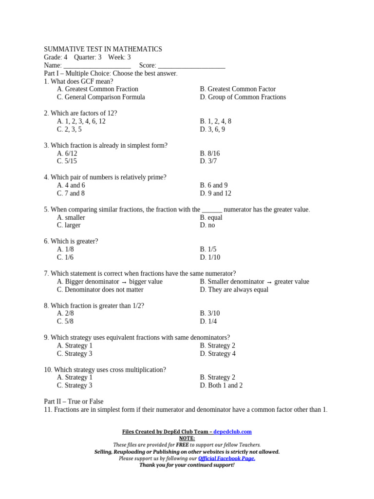 Summ - Test Math 4 q3 w3 - Formatted | PDF | Numbers | Elementary ...