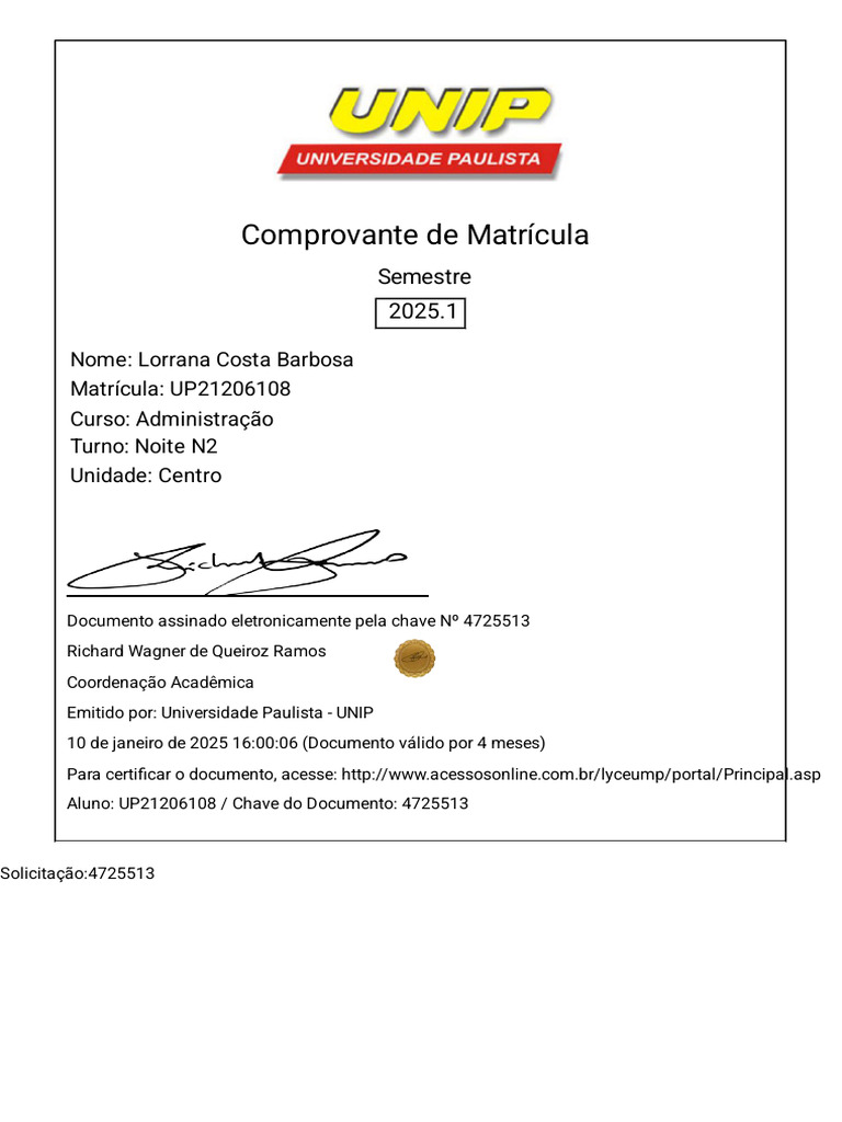 Comprovante de Matrícula UNIP 2025.1 | PDF