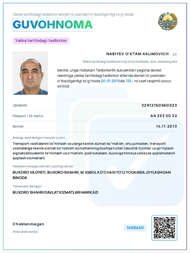 Guvohnoma Guvohnoma: Yakka Tartibdagi Tadbirkor | PDF