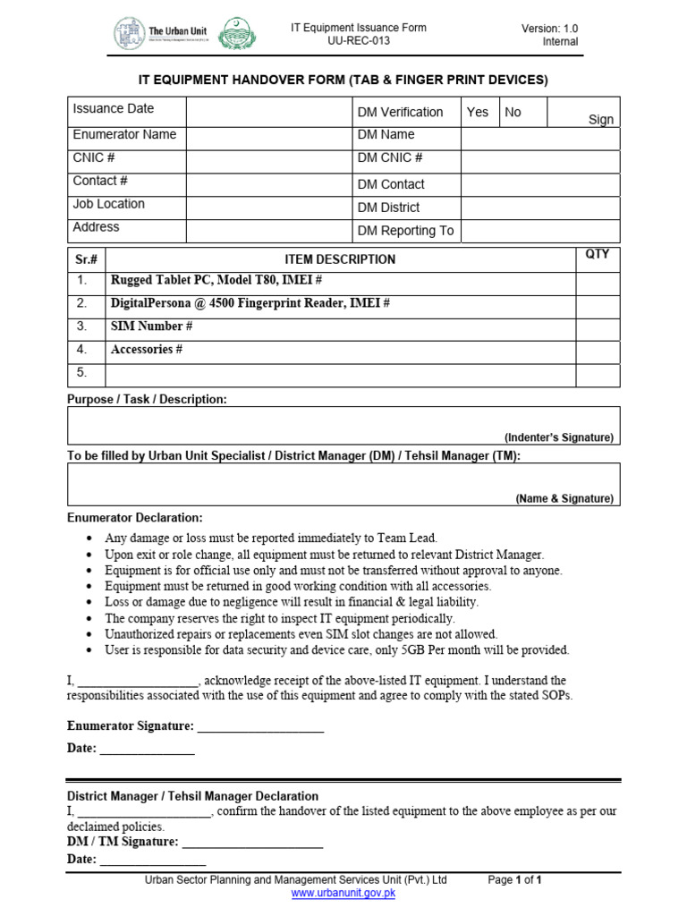 Uu-Rec-013 It Equipment Handover Form (Tab & Finger Print Devices | PDF ...