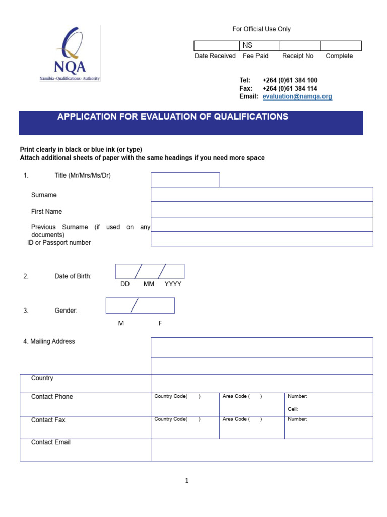 Namibia Qualifications Evaluation Form | PDF | Notary Public