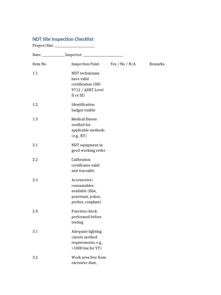 NDT Site Inspection Checklist Guide | PDF | Nondestructive Testing