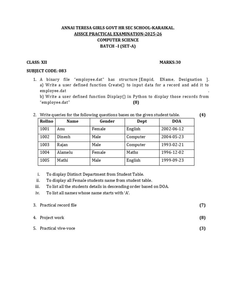 AISSCE Computer Science Practical 2025-26 | PDF | Sql | Computer Data