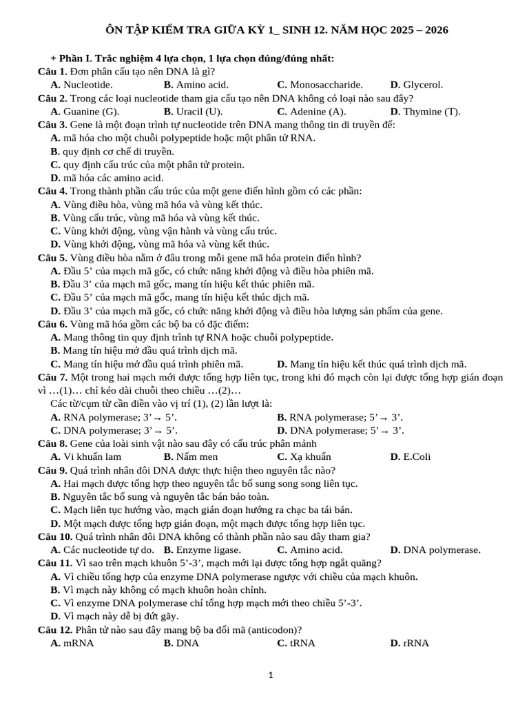 Hs - On Tap Giua Ky 1 - Sinh 12 | PDF