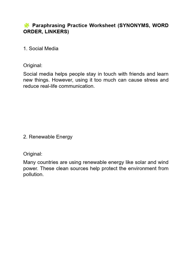 Paraphrasing Practice Worksheet | PDF