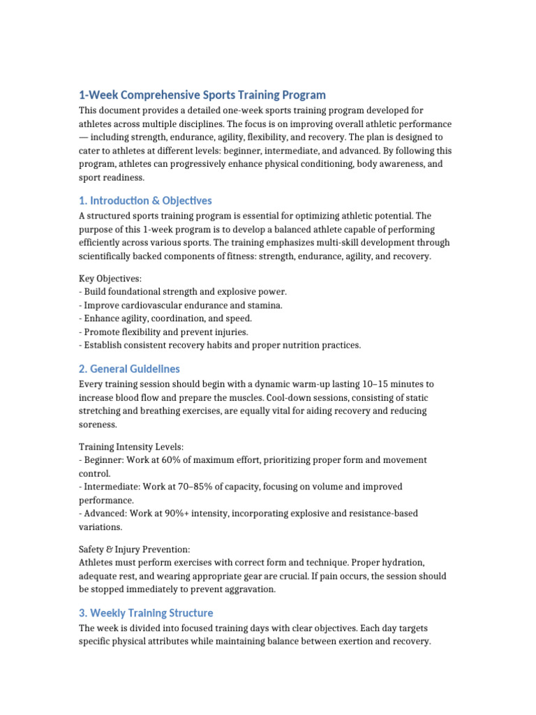 1-Week Sports Training Program Guide | PDF | Physical Fitness ...